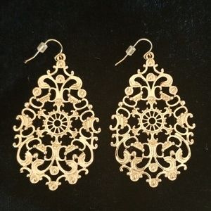 Gold Toned Ornate Filigree Dangle Earrings